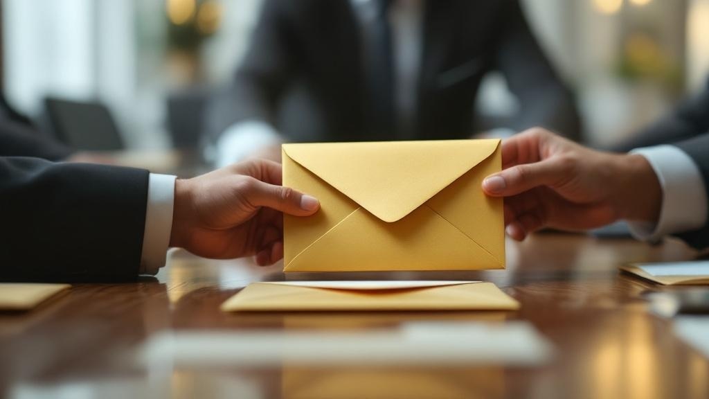 Mão escrevendo valor de lance em envelope lacrado em mesa de reunião com outros envelopes, escritório brasileiro moderno